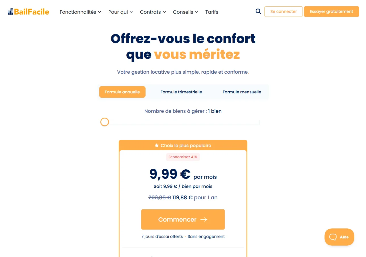 Les tarifs de l'abonnement BailFacile