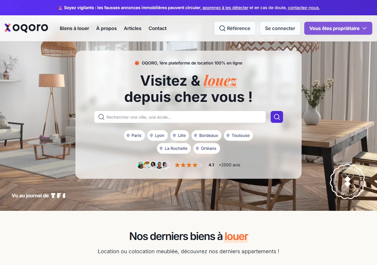La page d'accueil d'Oqoro : location et gestion 100% en ligne