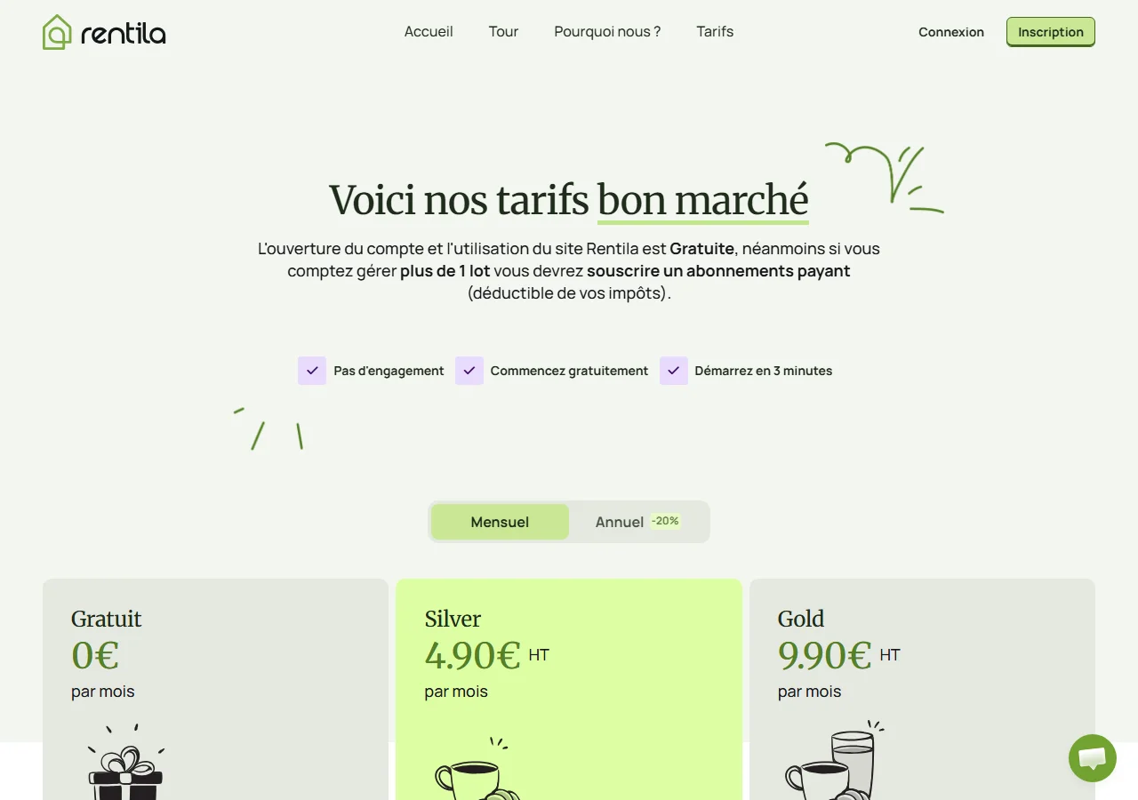 Les tarifs officiels de Rentila : Gratuit, Silver et Gold