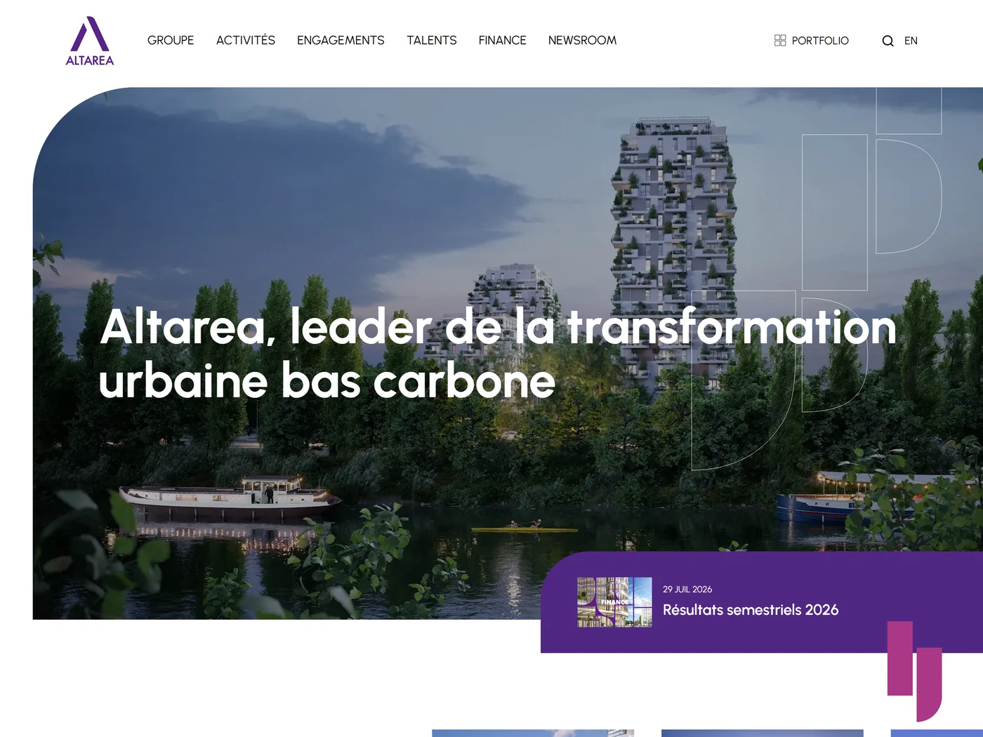 Page d'accueil du site Altarea, capture d'août 2026