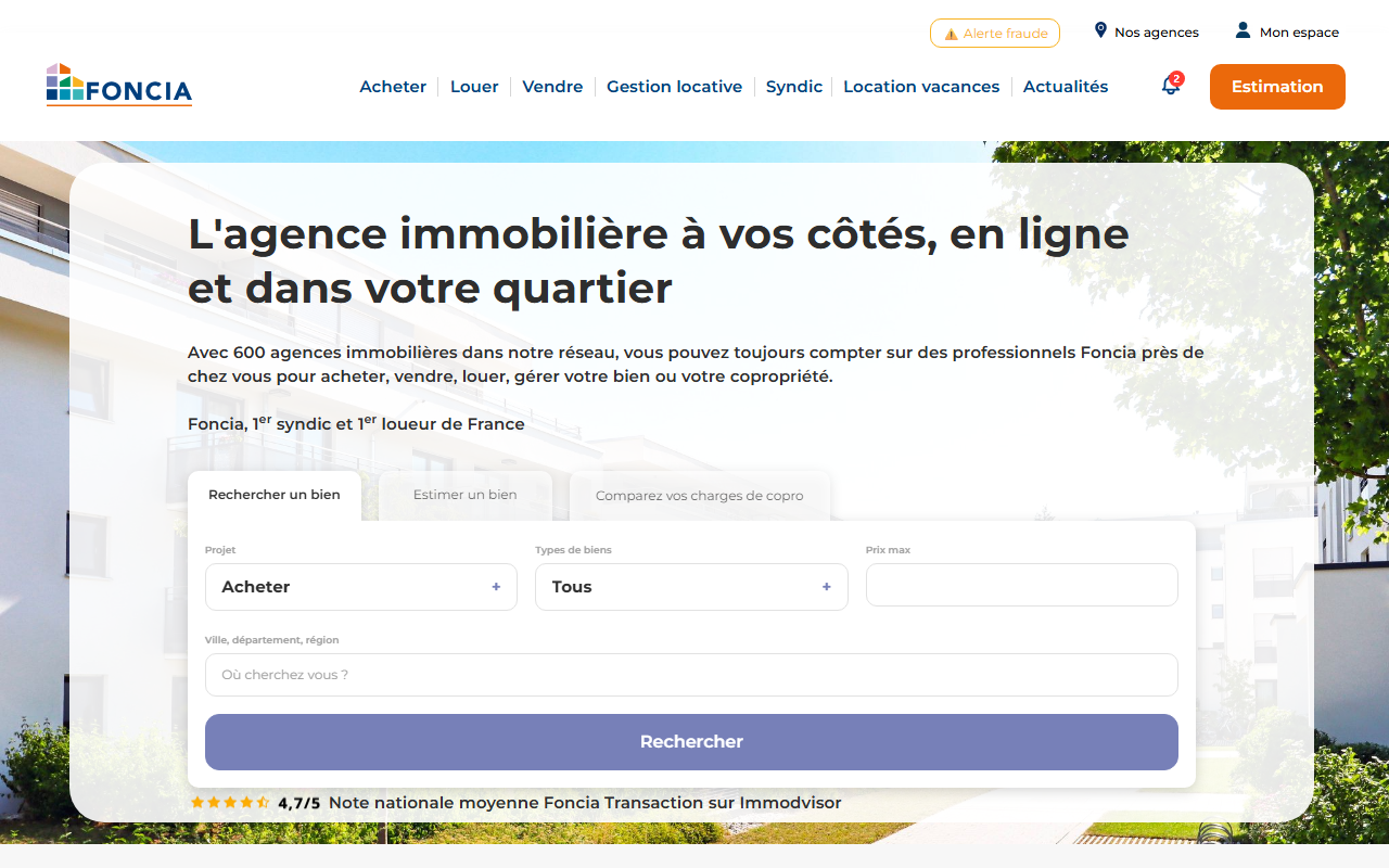 Page d'accueil du site Foncia, capture d'août 2026