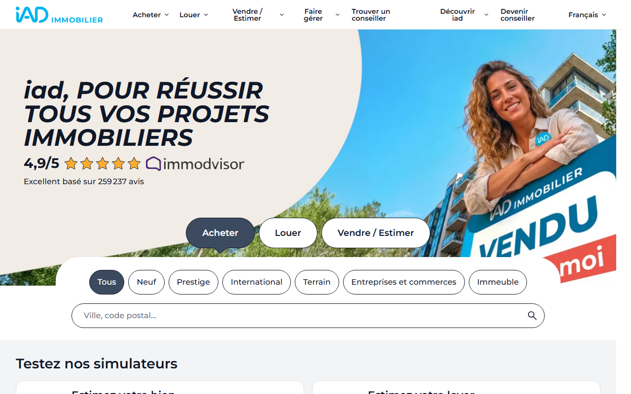 Page d'accueil du site iad France, capture d'août 2026