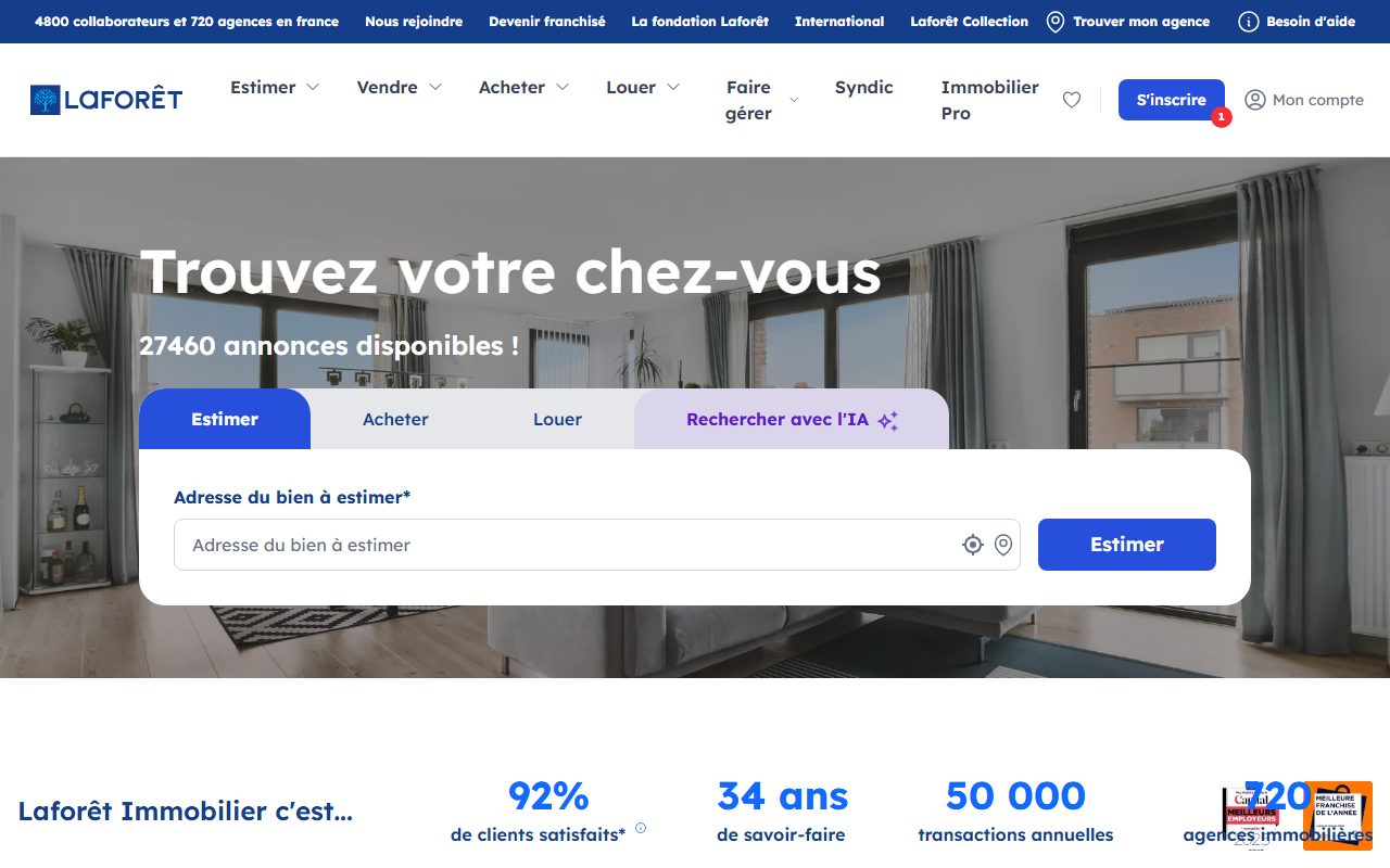 Page d'accueil du site Laforêt, capture d'août 2026