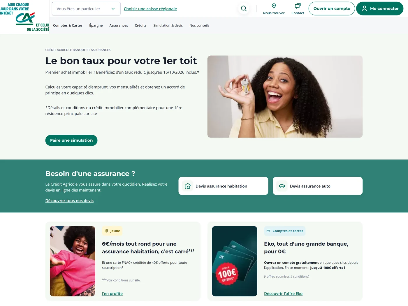 Page d'accueil du site Crédit Agricole, capture d'août 2026