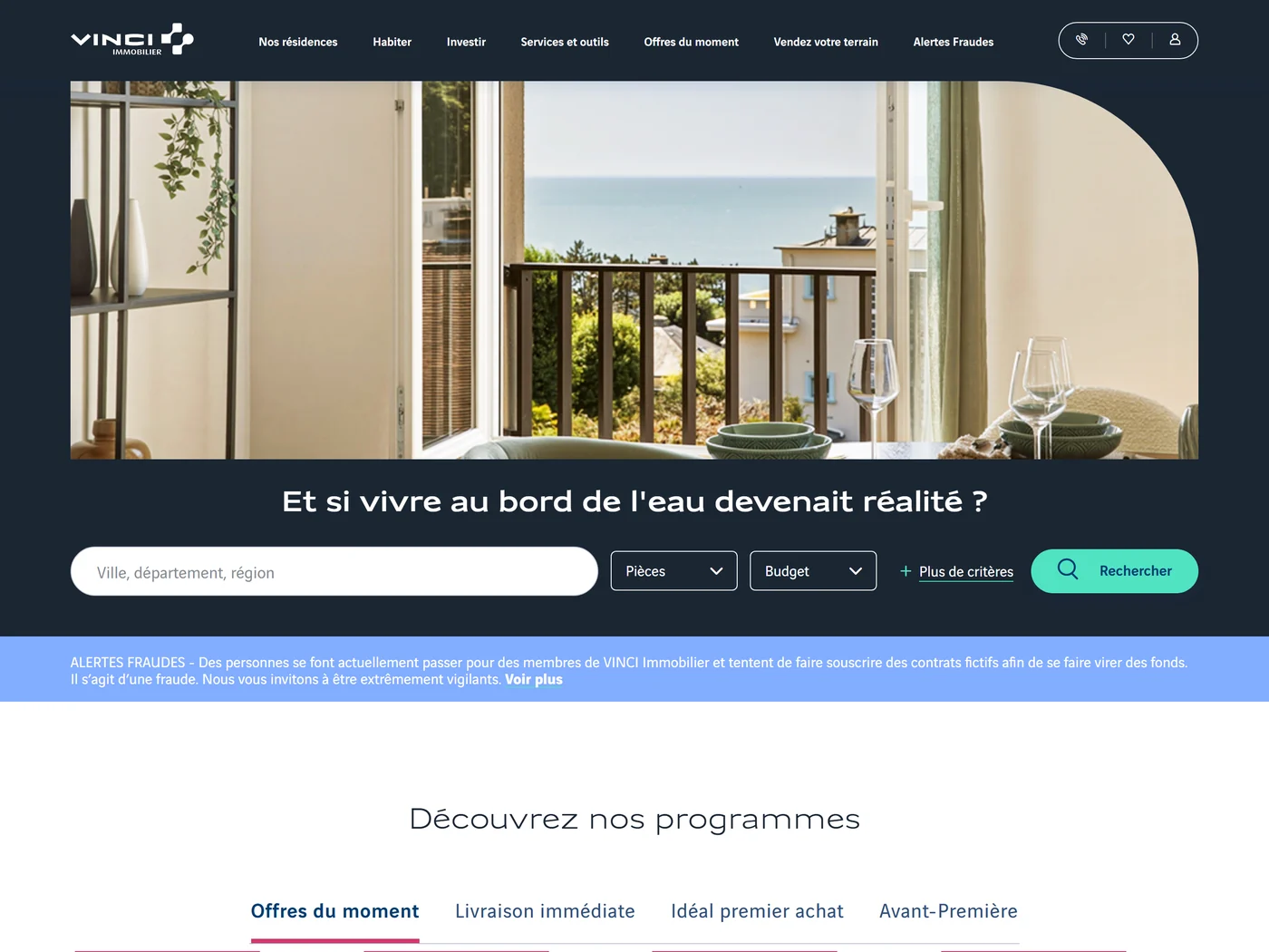 Page d'accueil du site Vinci Immobilier, capture d'août 2026