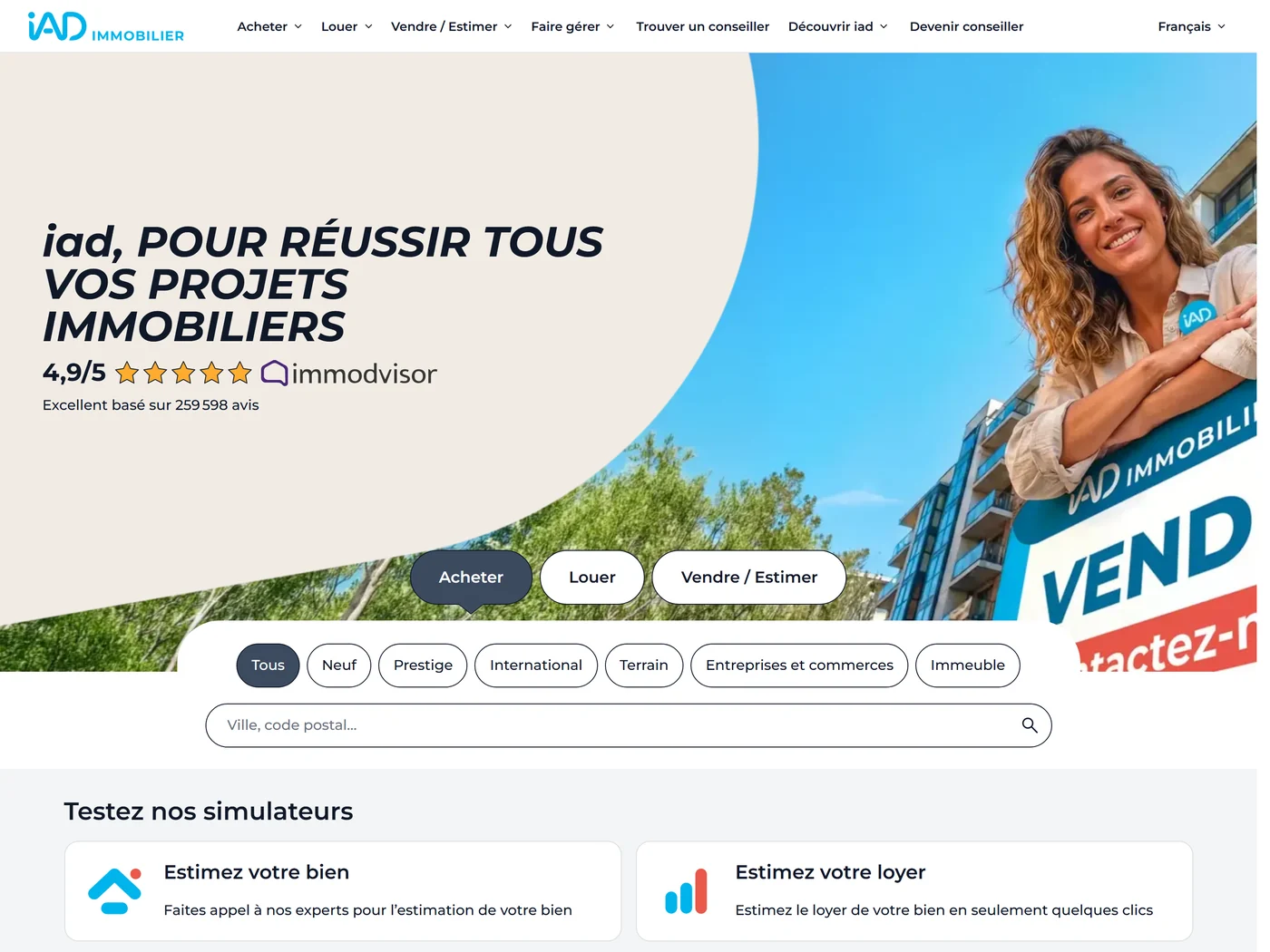 La page d'accueil de iad France : achat, vente, location et estimation