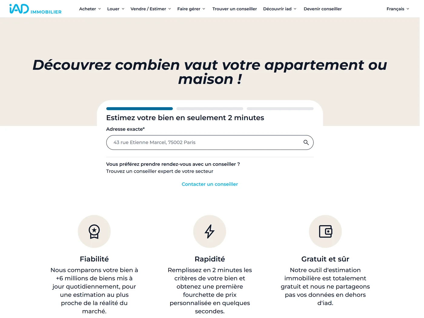 La page d'estimation de iad France, qui ne publie aucun barème d'honoraires