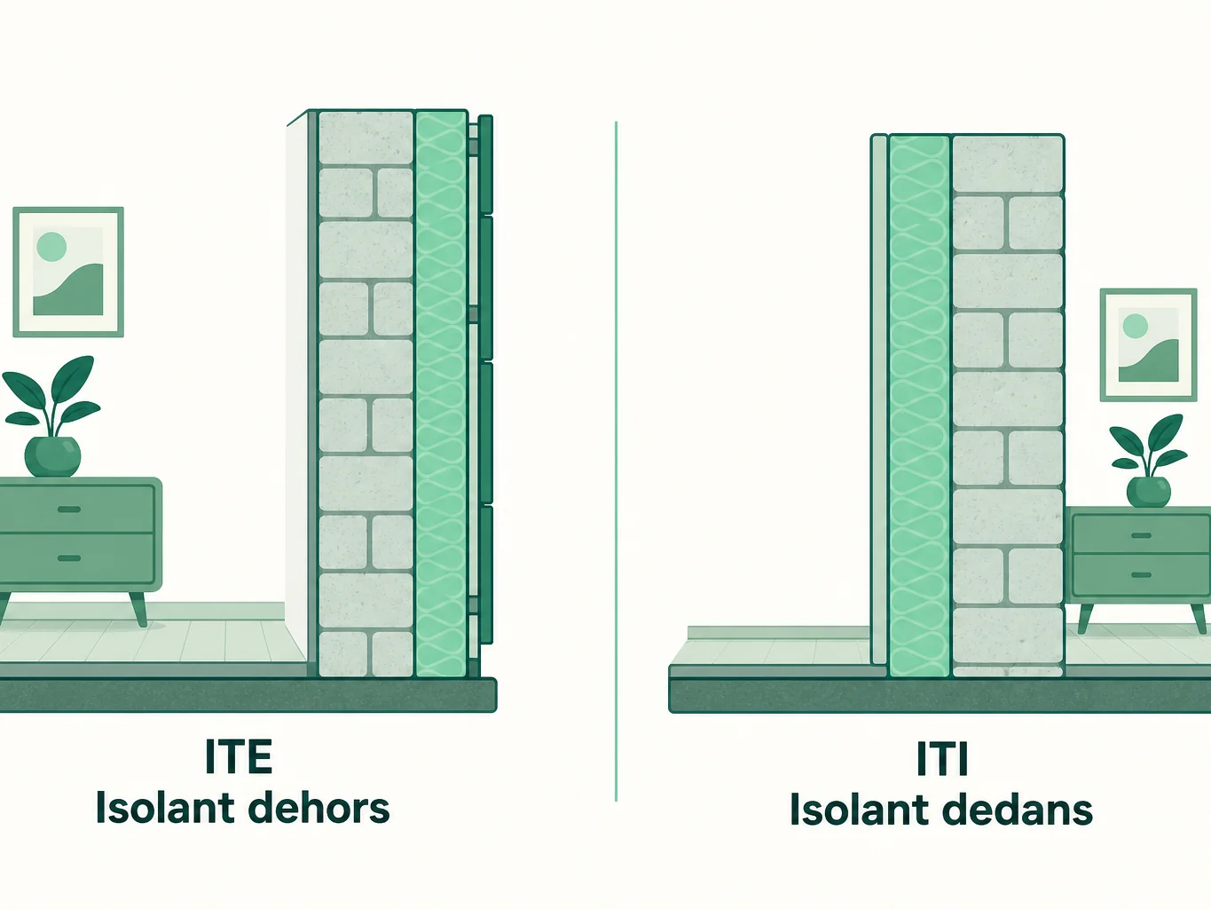 Comparaison en coupe entre isolation extérieure et isolation intérieure