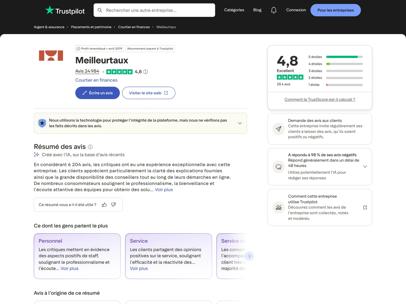 La fiche Trustpilot de Meilleurtaux relevée en août 2026